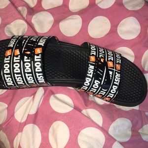 Black/orange just do it Nike slides